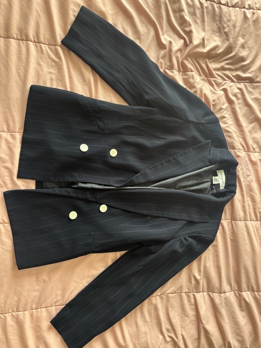 Jones New York Navy Pinstripe Double-Breasted Blazer with Contrast Buttons